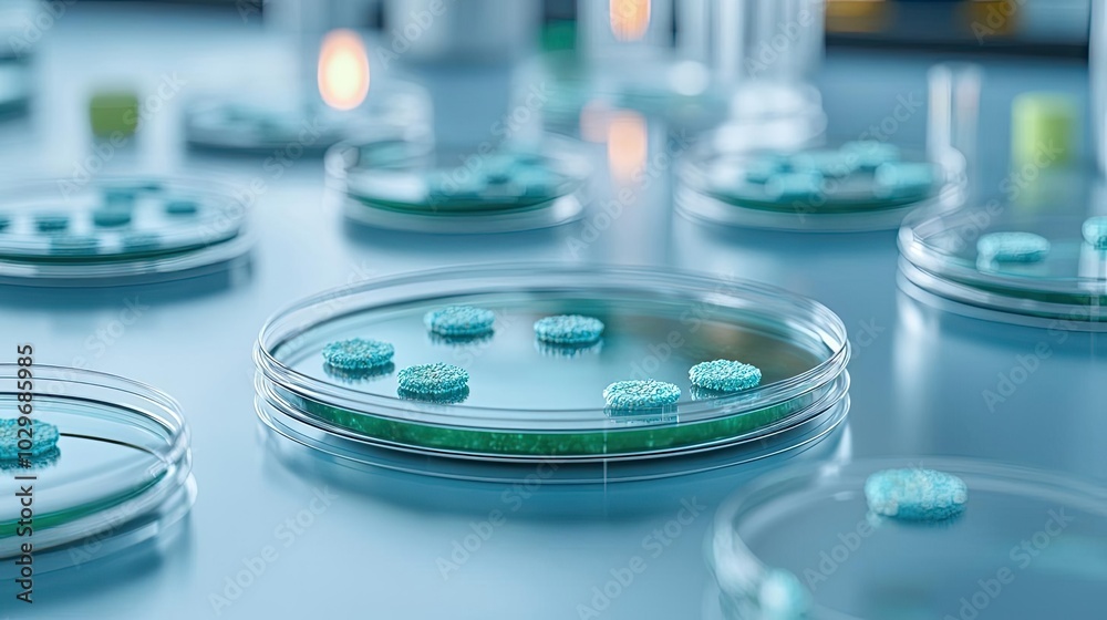 Petri dishes with teal pills, close-up shot on a laboratory table.