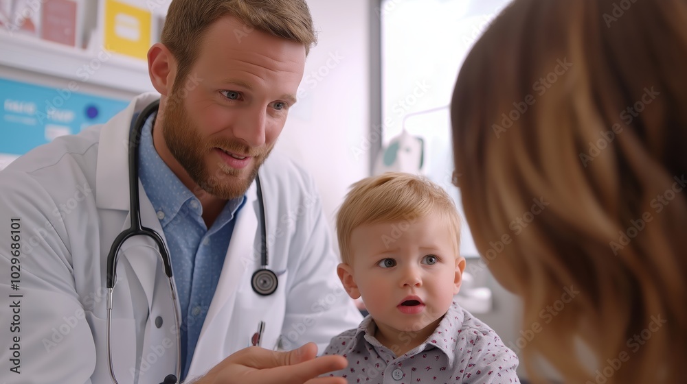 Friendly and compassionate pediatrician carefully examining and consulting with a young patient in a modern well equipped medical clinic setting The doctor is providing professional medical care Friendly and compassionate pediatrician carefully examining and consulting with a young patient in a modern well equipped medical clinic setting The doctor is providing professional medical care
