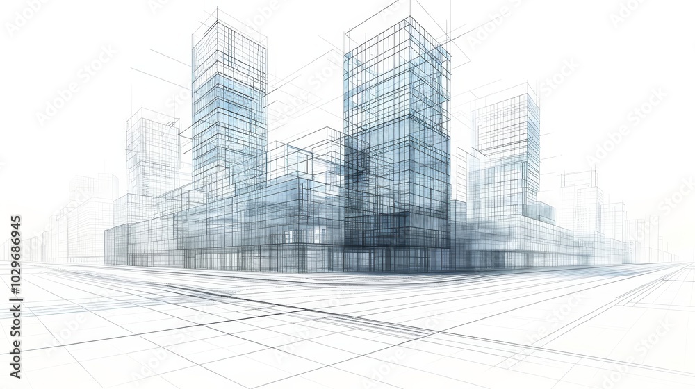 3d illustration of a linear drawing depicting urban tall building, sketch design architecture  