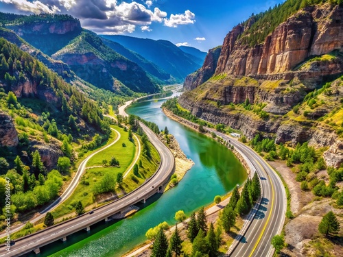 Aerial View of Highway I70 Through Glenwood Canyon in Spring - Scenic Colorado Landscape Photography photo