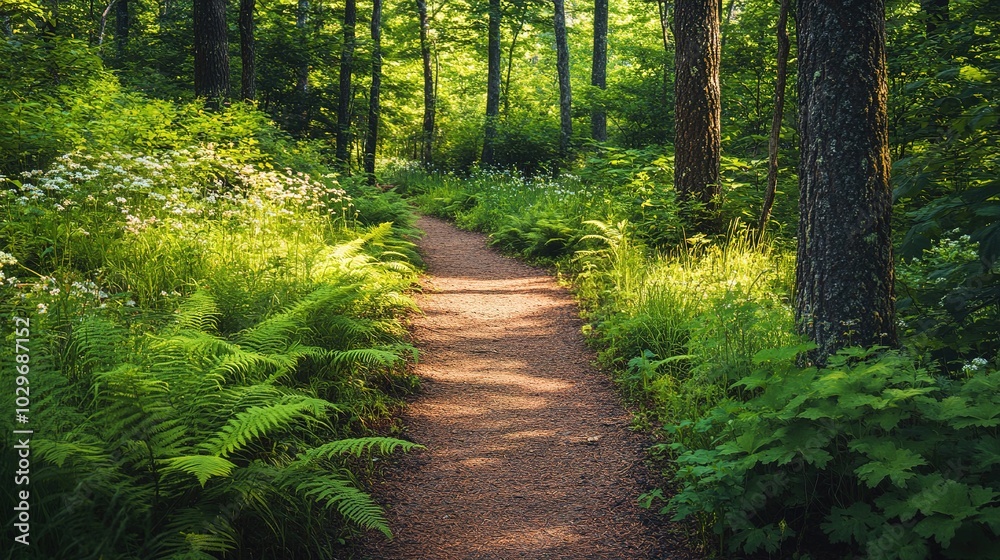 Obraz premium Lush Forest Pathway Surrounded by Vibrant Foliage