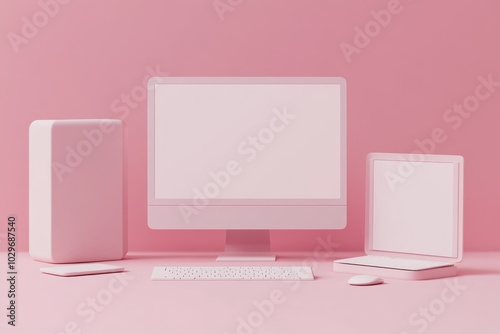 Computer, mouse, and keyboard on pink background.