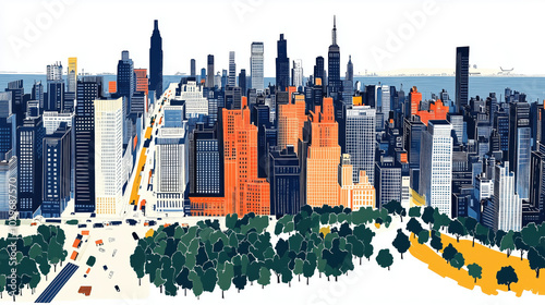 Cartoon drawing doodle map of Manhattan, New York City, NYC, top-down view, plan view. 3D colorful line hand drawn illustration of midtown nyc.	