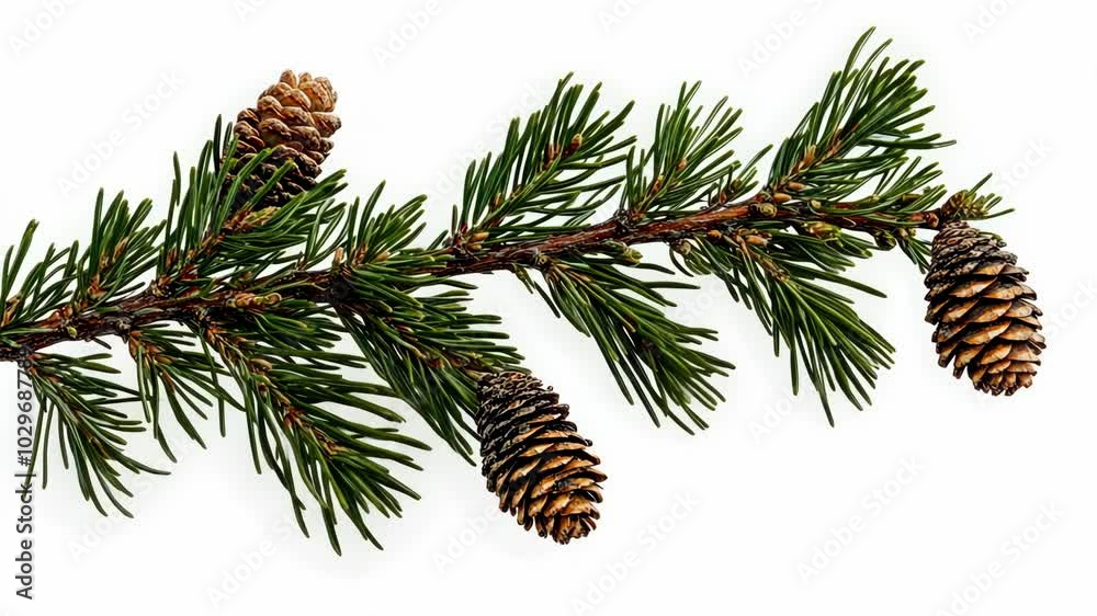 A branch of a pine tree with three pine cones on a white background
