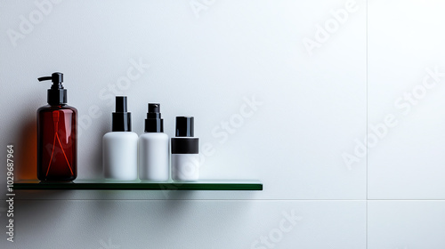 Cosmetic bottles on a modern shelf, white background