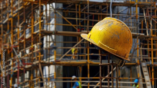 Yellow Hardhat at Construction Site Amid Scaffolding photo