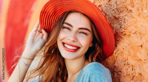 Stylish Girl in Trendy Outfit with Bright Hat photo