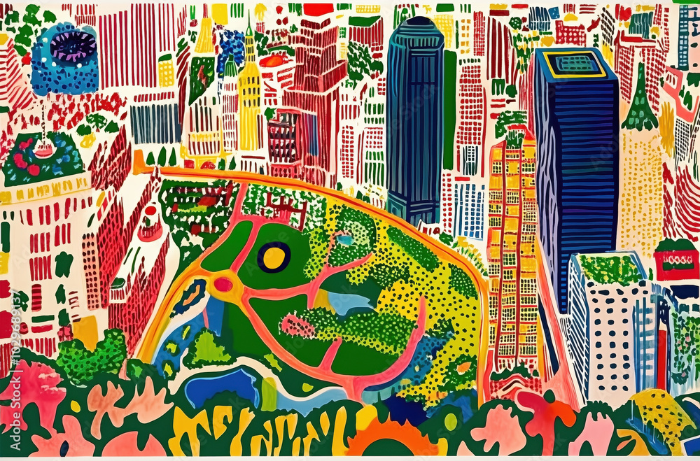custom made wallpaper toronto digitalCartoon drawing doodle map of Manhattan, New York City, NYC, top-down view, plan view. 3D colorful line hand drawn illustration of midtown nyc.
