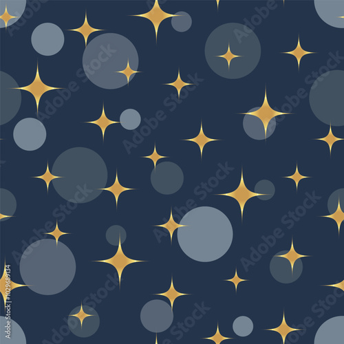 Retro golden starbursts bubbles navy blue Vector Pattern. Atomic era style shiny golden stars dark blue party seamless pattern.