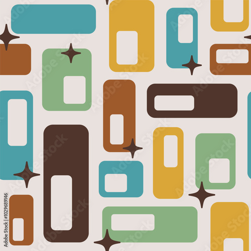 Retro Atomic oval capsules starbursts orange green teal Vector pattern. Mid-century modern style Atomic capsules seamless pattern.