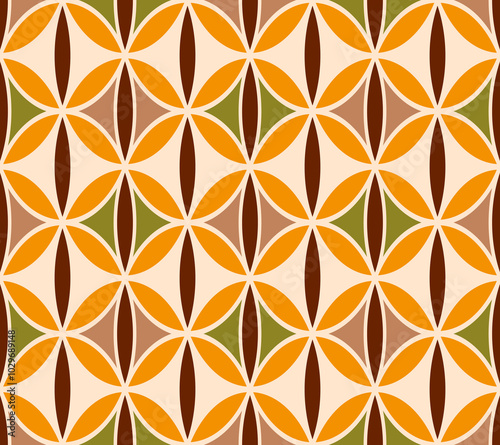 Retro midcentury circles petals geometrics orange Raster Pattern. Bohemian round geometrics in orange, brown optical seamless pattern.