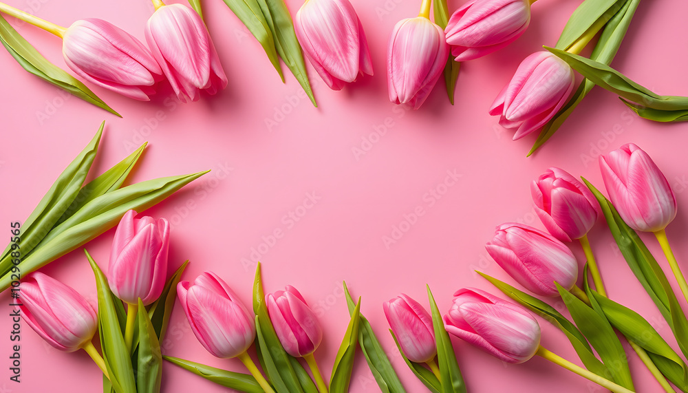 Easter composition with Pink tulips and Jellybean pattern on pink background flat lay, top view isolated with white highlights, png Easter composition with Pink tulips and Jellybean pattern on pink background flat lay, top view isolated with white highlights, png