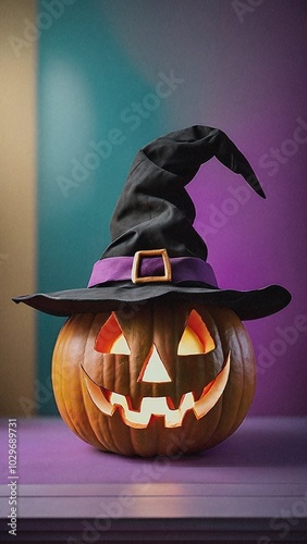Halloween pumpkin in a witch hat