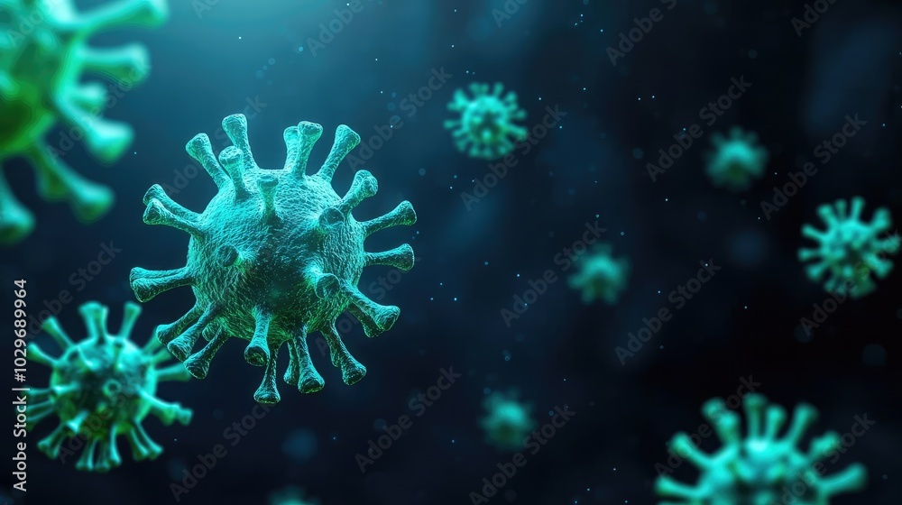 Microorganisms, detailed close-up, digital representation, blue gradient background Microorganisms, detailed close-up, digital representation, blue gradient background
