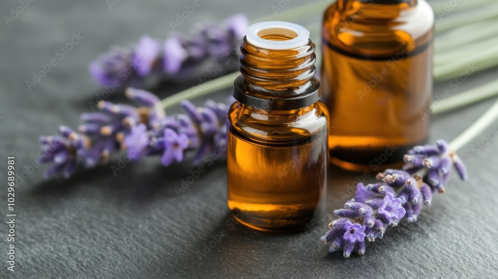 Brown bottles of aromatherapy oils are paired with lavender sprigs for a calming, natural aesthetic on a dark background Brown bottles of aromatherapy oils are paired with lavender sprigs for a calming, natural aesthetic on a dark background