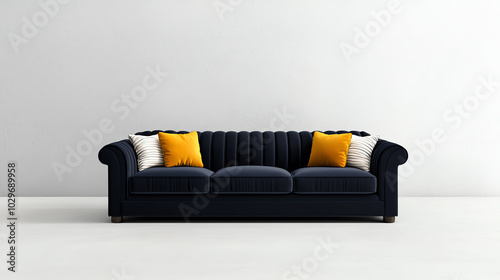 Elegant navy sofa with yellow cushions. photo