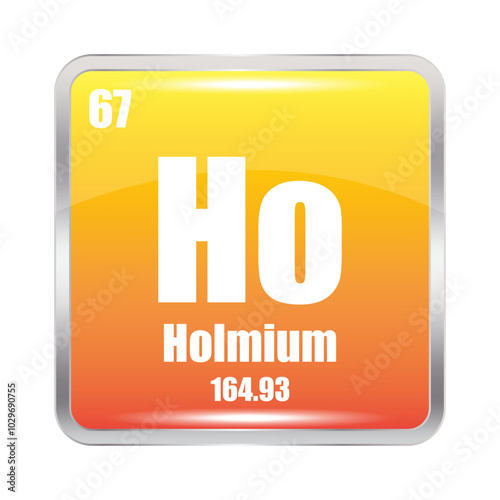 Holmium icon. Ho chemical element. Atomic number 67. Mass 164.93. Orange square.