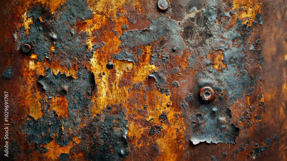 A close-up of heavily rusted metal with peeling paint and exposed screws