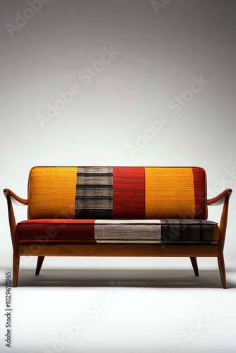 Stylish vintage sofa with colorful fabric design. photo