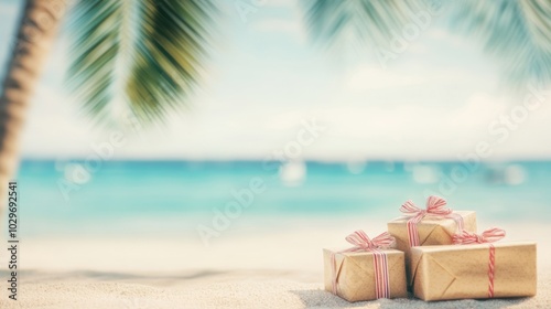 Colorful gifts are beautifully arranged under a palm tree on a sunny tropical beach, capturing the essence of a festive holiday atmosphere