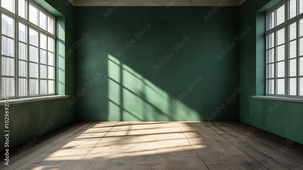 Sunlit Interior with Green Walls and Large Windows. A bright, sunlit room with green walls and large windows casting shadows on the hardwood floor, creating a serene ambiance. Sunlit Interior with Green Walls and Large Windows. A bright, sunlit room with green walls and large windows casting shadows on the hardwood floor, creating a serene ambiance.
