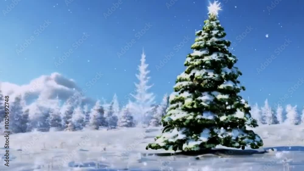 A festive Christmas tree surrounded by snow in a winter landscape A festive Christmas tree surrounded by snow in a winter landscape