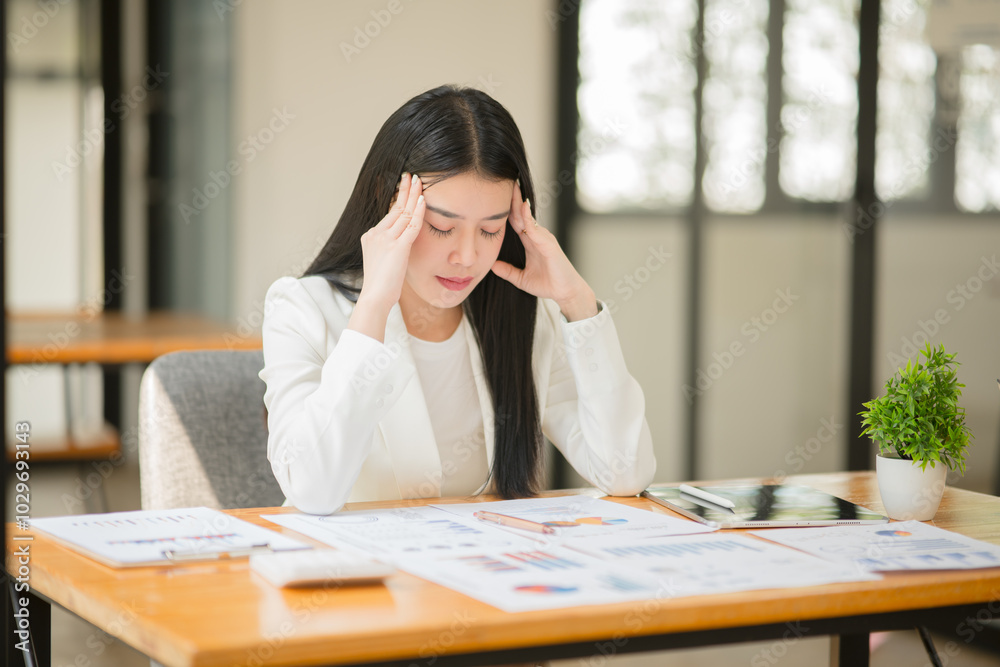 Asian business woman Stressed out and headache with paperwork at the office Asian business woman Stressed out and headache with paperwork at the office