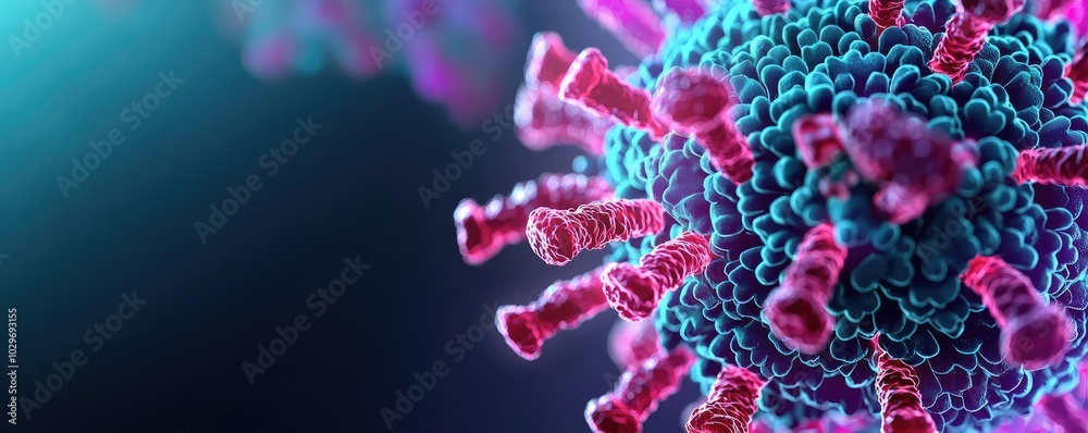 Colorful close-up of a virus, showcasing intricate details and structures. Colorful close-up of a virus, showcasing intricate details and structures.
