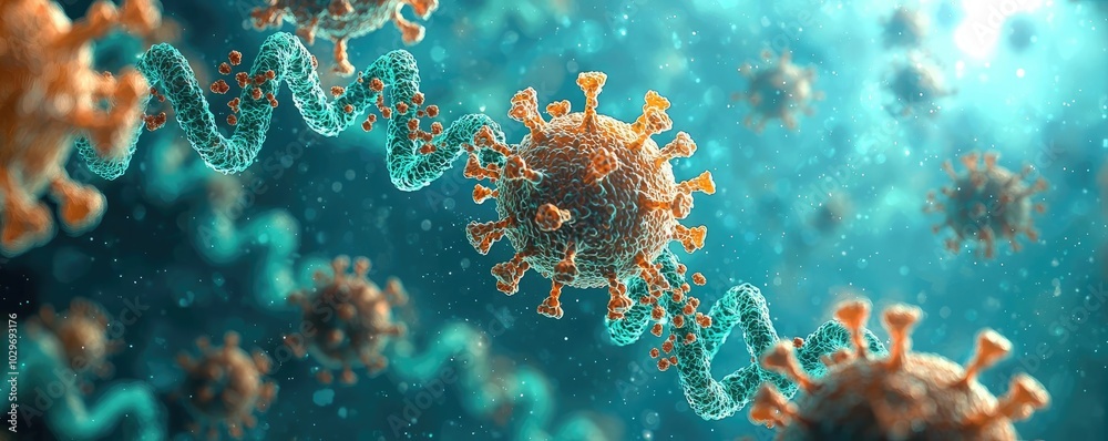 Naklejka premium Microscopic view of virus with DNA strands, science and health concept.