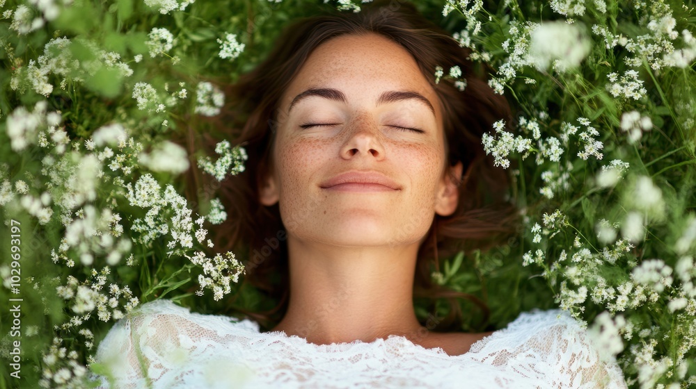 A woman enjoys tranquility in a vibrant green field, resting on soft grass while wildflowers bloom around her under a clear sky A woman enjoys tranquility in a vibrant green field, resting on soft grass while wildflowers bloom around her under a clear sky