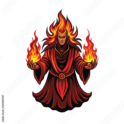 A powerful fire mage in a red robe with flames for hair, casting a spell with fire in his hands.