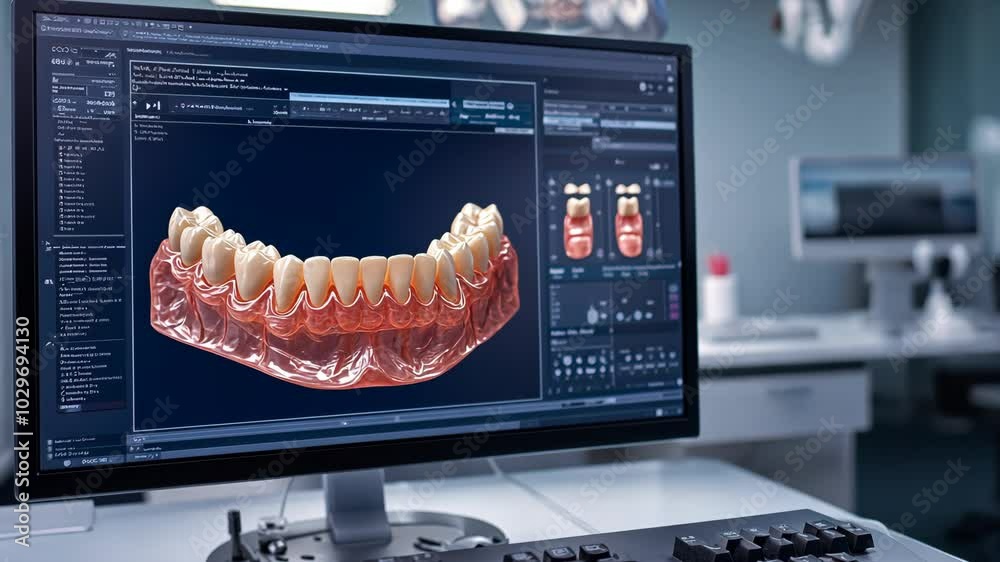 A computer screen in a dental office displays a 3D model of teeth