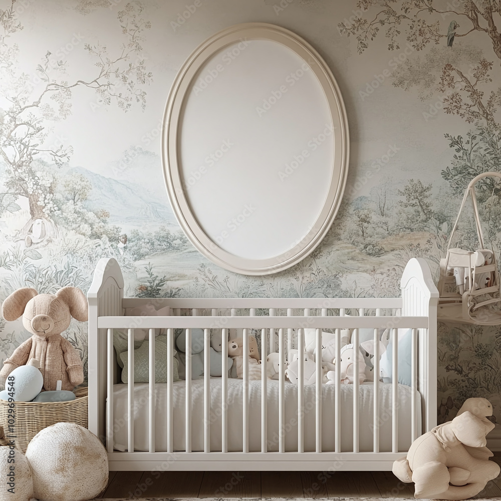 Frame mockup in white wood, hanging above a pastel-colored crib in a baby's nursery with soft, plush toys and a whimsical mural. Frame mockup in white wood, hanging above a pastel-colored crib in a baby's nursery with soft, plush toys and a whimsical mural.