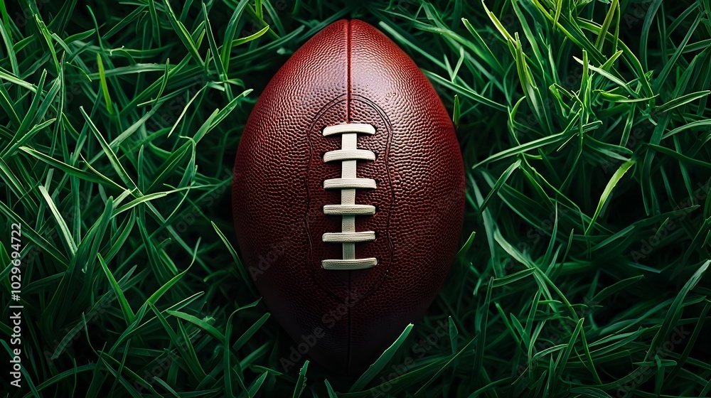 Flat lay, American football on dewy grass, empty space for promotional text at the top, contrast between ball texture and grass, soft lighting. Football, Sports, Ad Space Flat lay, American football on dewy grass, empty space for promotional text at the top, contrast between ball texture and grass, soft lighting. Football, Sports, Ad Space