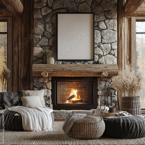 Rectangle frame mockup in black metal, placed above a fireplace with a stone mantel in a rustic cabin living room with log walls.