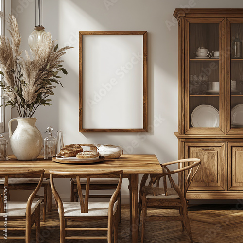 Rectangle frame mockup in dark cherry wood, placed in a traditional dining room with a wooden table, upholstered chairs, and a china cabinet. photo