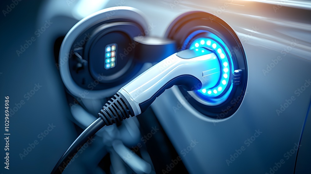 Focused close-up of a charging port plugged into an electric vehicle, sleek design, urban charging station, electric blue lights reflecting energy efficiency Focused close-up of a charging port plugged into an electric vehicle, sleek design, urban charging station, electric blue lights reflecting energy efficiency