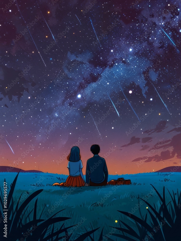 A couple sits facing a night sky filled with stars and shooting stars