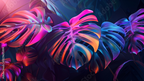 A vibrant 3D botanical composition with lush, oversized tropical leaves in neon colors, arranged in a cascading motion against a dark, gradient background.