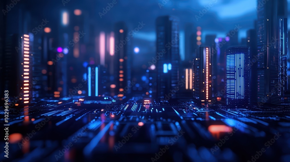 Obraz premium Futuristic cityscape illuminated by neon lights