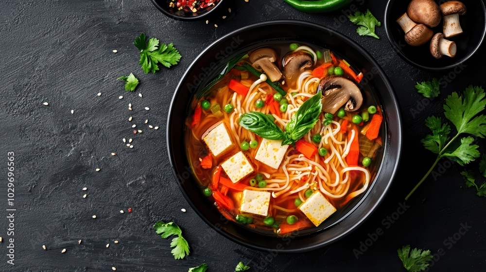 Colorful vegetable noodle soup with tofu and herbs Colorful vegetable noodle soup with tofu and herbs