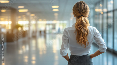 woman in a professional outfit sits at her desk, surrounded by office essentials. Her posture conveys determination and productivity, symbolizing the modern work environment and dedication