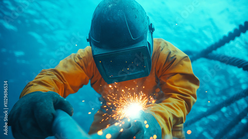 Underwater welder performing maintenance on submerged structures, surrounded by blue water and sparks flying during the welding process. photo