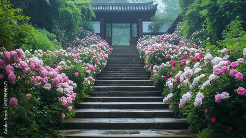 A vibrant pathway adorned with blooming roses leads to a traditional Chinese gate in a lush garden setting during early morning photo