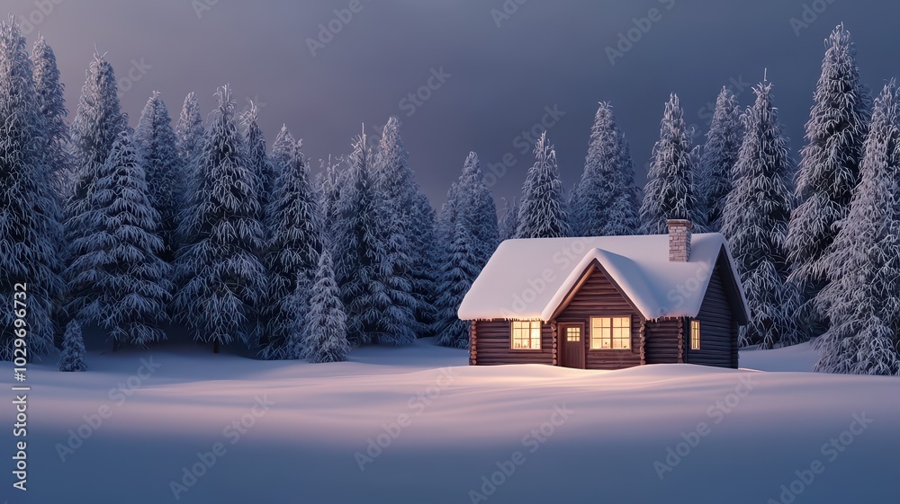 Naklejka premium Cozy log cabin illuminated in a snowy winter landscape