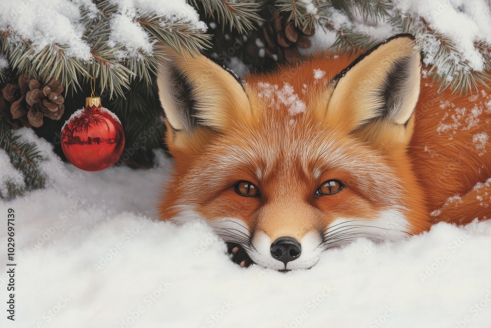 Obraz premium Playful Red Fox Resting in Snowy Winter Scene