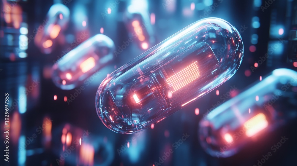 Capsules with smooth metallic surfaces, suspended in zero gravity, illuminated by soft neon light, surrounded by floating holograms, Futuristic, Sci-fi, 3D render Capsules with smooth metallic surfaces, suspended in zero gravity, illuminated by soft neon light, surrounded by floating holograms, Futuristic, Sci-fi, 3D render