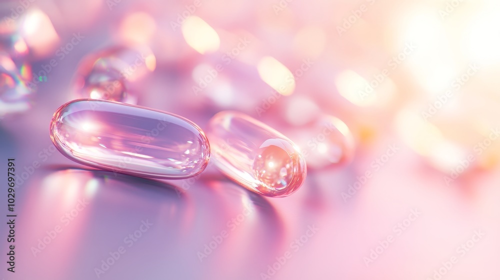 Capsules with swirling, iridescent hues floating above a matte pink surface, casting soft neon reflections in a dreamy, surreal setting