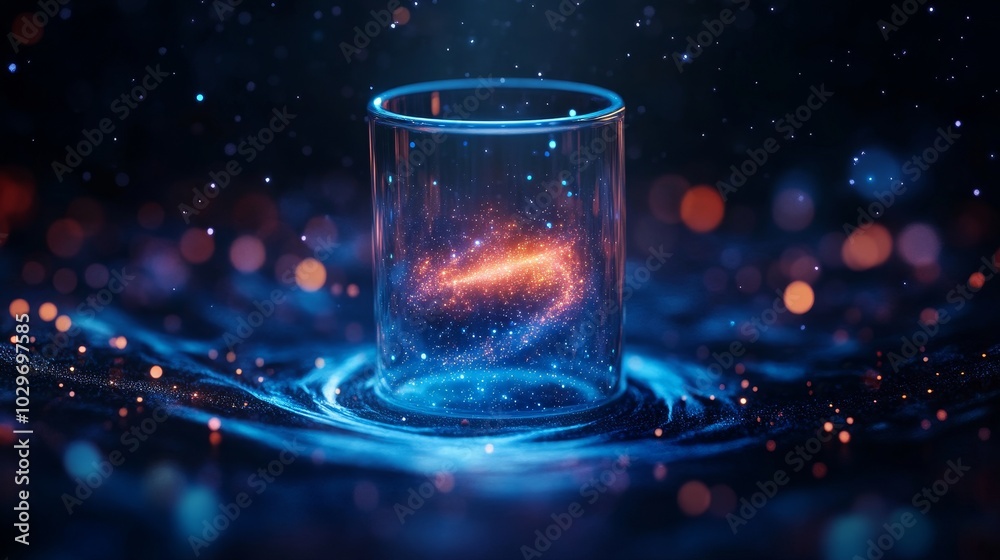 Close-up of a glass capsule with cosmic elements, swirling galaxies inside, emitting holographic light rays, reflective surface, Digital Painting, Sci-fi realism Close-up of a glass capsule with cosmic elements, swirling galaxies inside, emitting holographic light rays, reflective surface, Digital Painting, Sci-fi realism