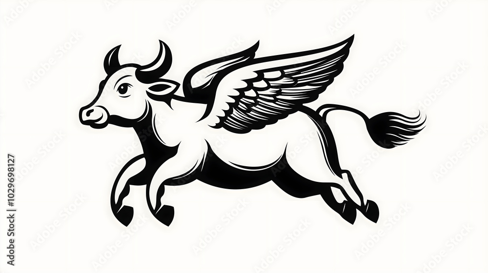 Fototapeta premium flying cow with angel wings, black and white logo tattoo style